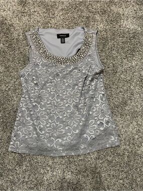 R&M Richards Silver Beaded Lace Sleeveless Top